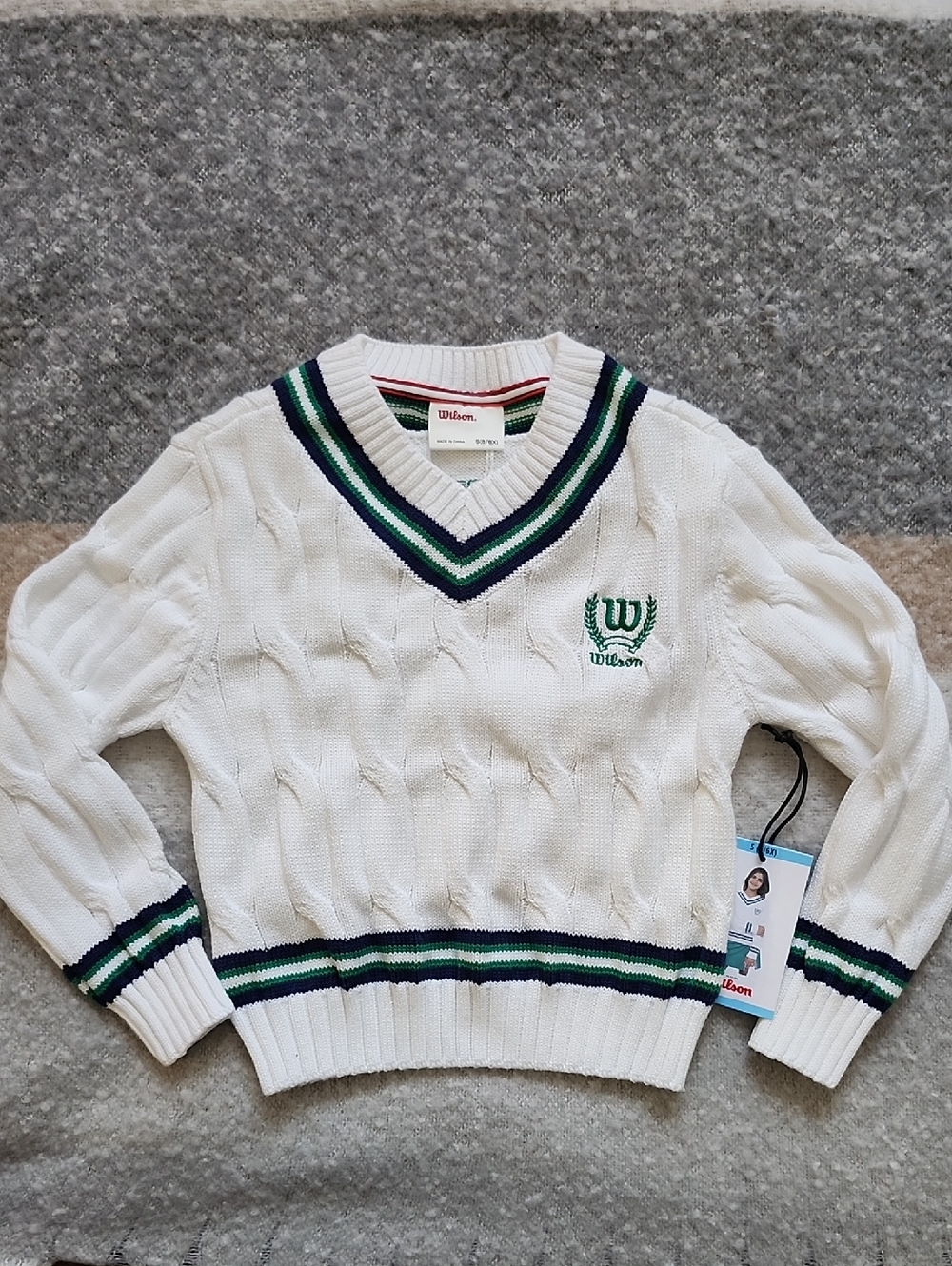 NEW Wilson Girls' V-Neck Cable Knit Tennis Sweater - White/Green - Size S (6/6X)